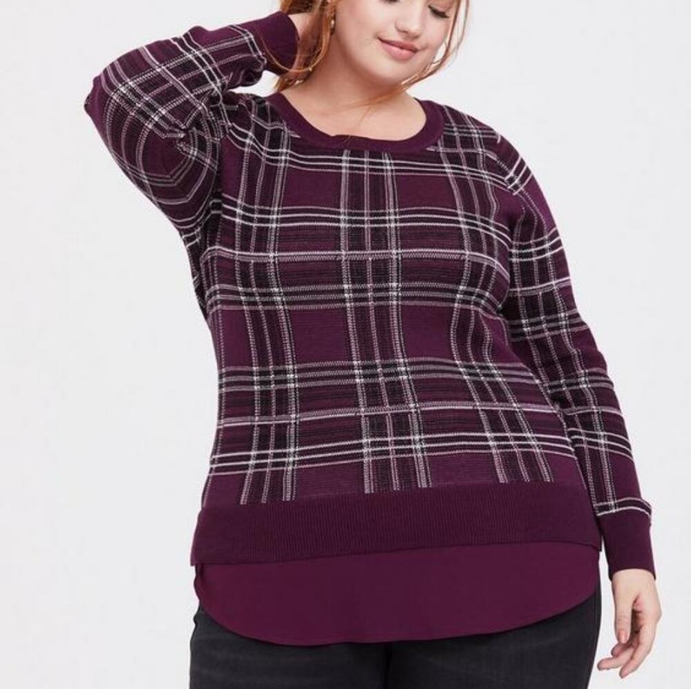 Torrid 2X Plum Purple Plaid Pullover Sweater Layered Chiffon Hem Plus Size